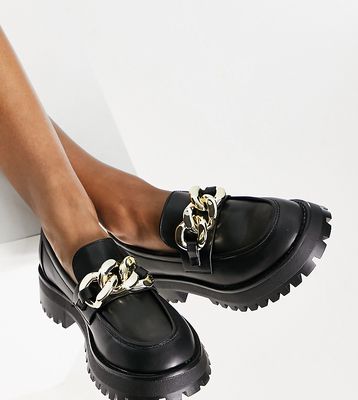 Stradivarius Wide Fit chunky flat loafers with chain detail in black