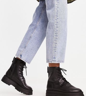Stradivarius Wide Fit lace-up flat ankle boots in black
