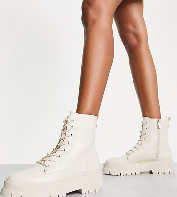 Stradivarius Wide Fit lace up flat ankle boots in ecru-White