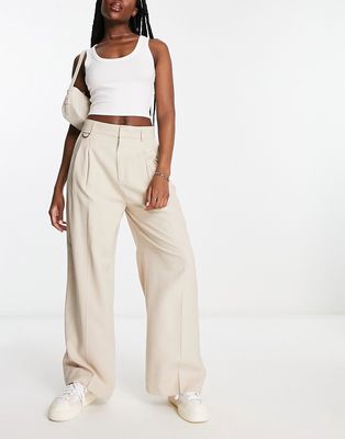 Stradivarius wide leg tailored pants with pleat detail in natural-Neutral