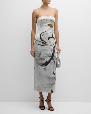 Strapless Abstract-Print Silk Bustier Midi Dress
