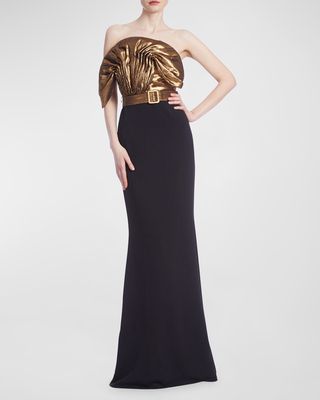 Strapless Belted Metallic Ruffle Gown