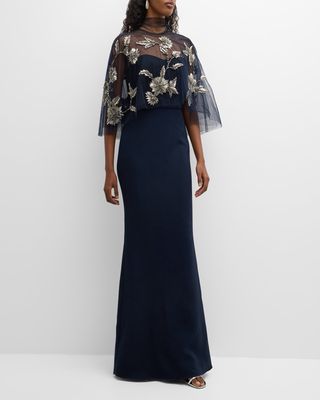 Strapless Crepe Gown with Embellished Capelet