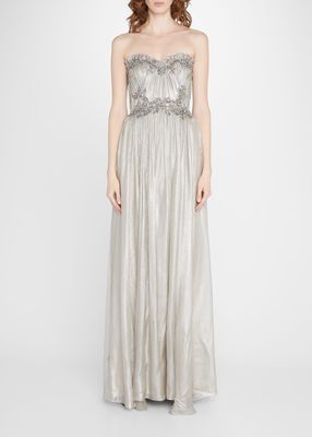 Strapless Crystal Embellished Metallic Chiffon Gown
