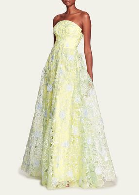 Strapless Cutout Floral-Embroidered Gown