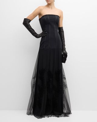 Strapless Embroidered Illusion Gown