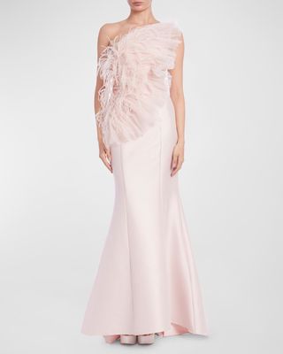 Strapless Feather-Embellished Ruffle Gown