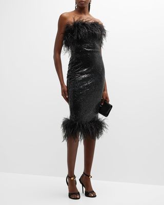 Strapless Feather-Trim Sequin Midi Dress