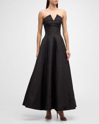Strapless Fit-&-Flare Tea-Length Faille Gown