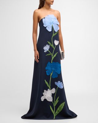 Strapless Floral-Embroidered Gown
