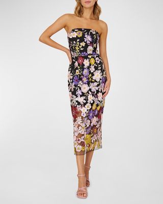 Strapless Floral-Embroidered Midi Dress