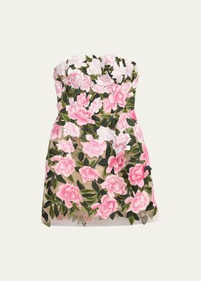 Strapless Floral-Embroidered Mini Dress