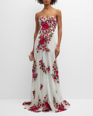 Strapless Floral-Embroidered Swiss-Dot Gown