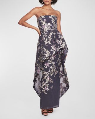Strapless Floral Fil Coupe Column Gown