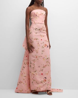 Strapless Floral Gazar Gown with Bustle Train