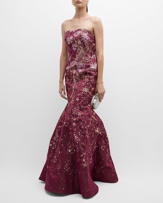 Strapless Floral Jacquard Bustier Gown