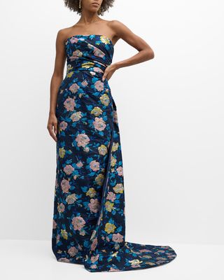 Strapless Floral Lame Jacquard Column Gown