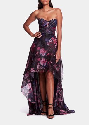 Strapless Floral-Print High-Low Gown