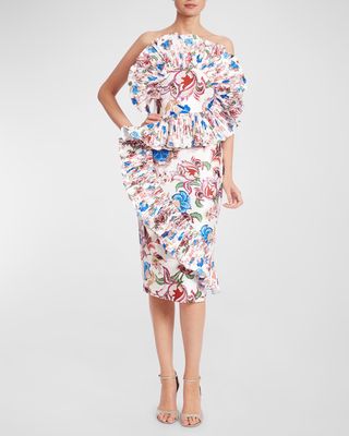 Strapless Floral-Print Ruffle Midi Dress