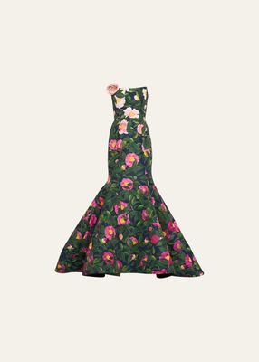 Strapless Flower-Applique Camellia Faille Mermaid Gown