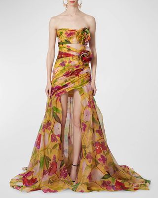 Strapless Flower-Applique Gathered Cutout High-Low Gown