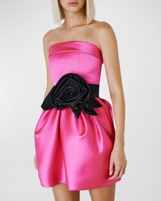 Strapless Flower-Belt Fit-&-Flare Mini Dress