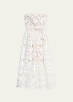 Strapless Gardenia Guipure Eyelet Dress with Self Belt