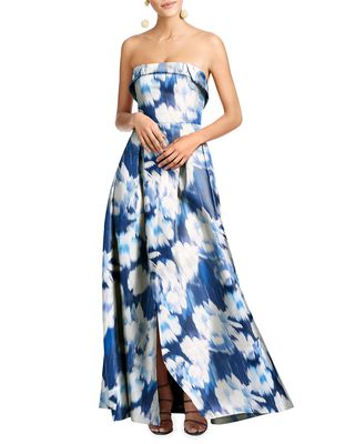 Strapless Ikat Floral-Print Mikado Gown