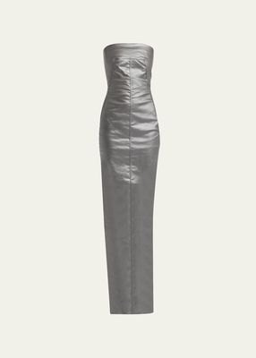 Strapless Metallic Coated-Denim Bustier Gown