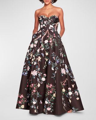 Strapless Pleated Floral-Print Satin Gown