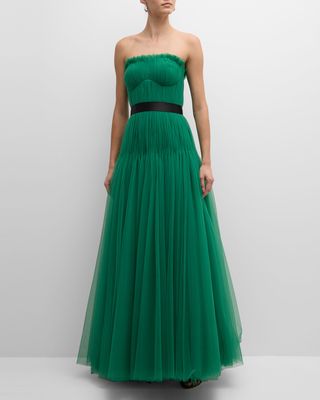 Strapless Pleated Tulle Bustier Gown