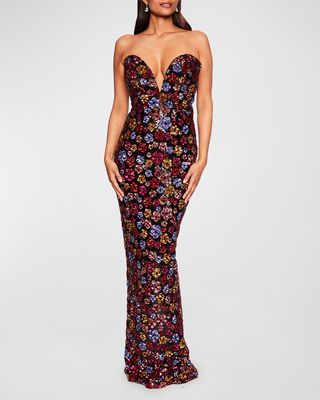 Strapless Plunging Floral Sequin Column Gown