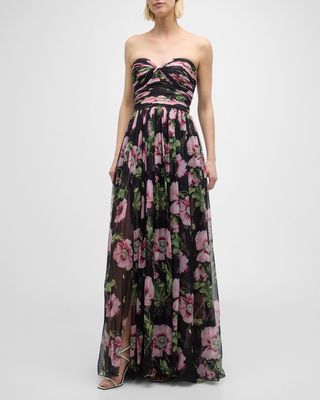 Strapless Poppies Print Chiffon Gown