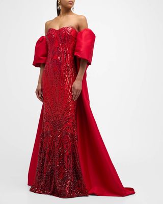 Strapless Sequin Cape Gown