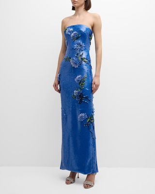 Strapless Sequin Column Gown with Embroidered Floral Details