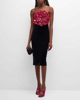 Strapless Sequin Rosette & Velvet Dress