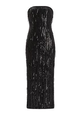 Strapless Sequined & Beaded Fringe Midi-Dress