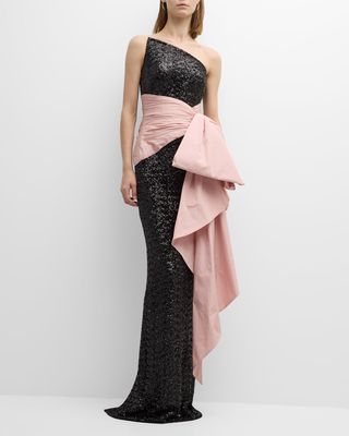 Strapless Stretch Sequin Gown with Taffeta Bow Sash