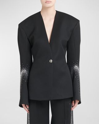 Strass Embellished Curved-Sleeve Single-Breasted Blazer Jacket