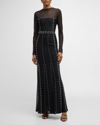 Strass Embellished Long-Sleeve Pleated Pique Gown
