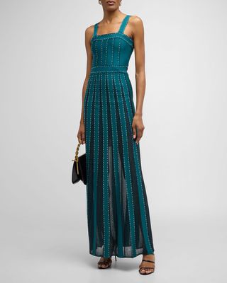 Strass-Embellished Square-Neck Sleeveless Sheer Striped Pique Gown