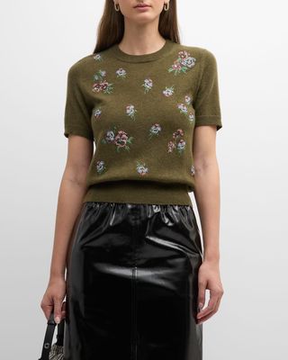 Strass Pansies Short-Sleeve Cashmere Pullover
