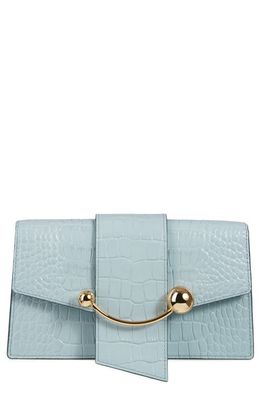 Strathberry Crescent on a Chain Croc Embossed Leather Shoulder Bag in Duck Egg Blue