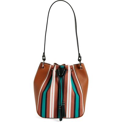 Strathberry x Collagerie Bolo Canvas & Leather Bucket Bag in Chestnut/Black/Green Stripe 