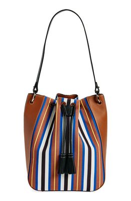 Strathberry x Collagerie Large Bolo Canvas & Leather Bucket Bag in Chestnut/Black/Blue Stripe