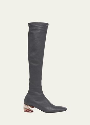 Stretch Leather Clear-Heel Thigh Boots