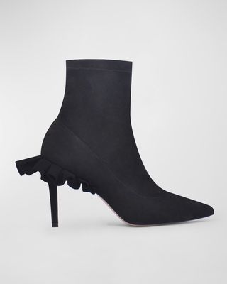 Stretch Suede Ruffle Stiletto Ankle Boots