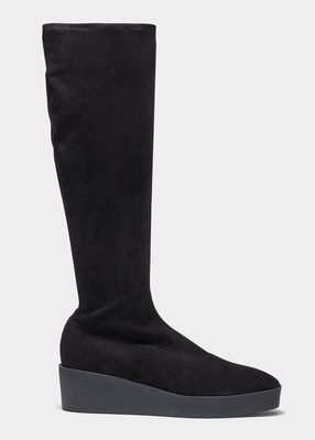 Stretch Suede Wedge Knee Boots