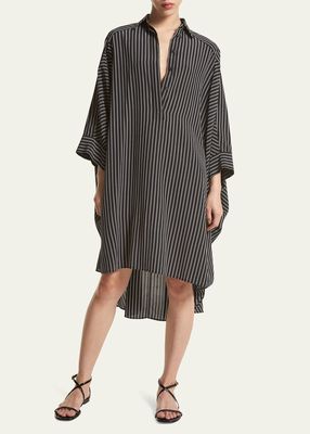 Stripe Dolman-Sleeve High-Low Silk Shirtdress