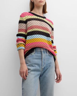 Stripe Out Crewneck Open-Stitch Sweater